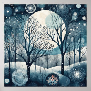 Póster Bosque nórdico iluminado por la luna en noche de i