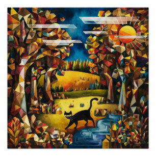 Póster Bosque otoñal cubano con río y pradera