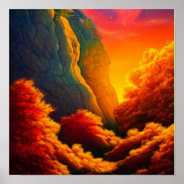 Póster Bosque otoñal en el Poster de las montañas (Frente)