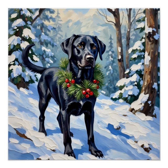 Póster Bosque Sereno de Navidad Invernal con Labrador Neg (Anverso)