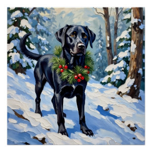 Póster Bosque Sereno de Navidad Invernal con Labrador Neg