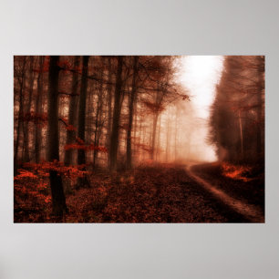 Póster Bosque snowless del invierno de niebla rojo