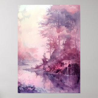 Póster Bosque Soñador de Acuarela en Tonos de Rosa