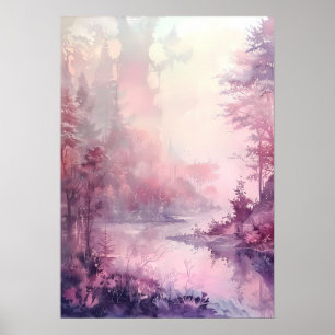 Póster Bosque Soñador de Acuarela en Tonos de Rosa