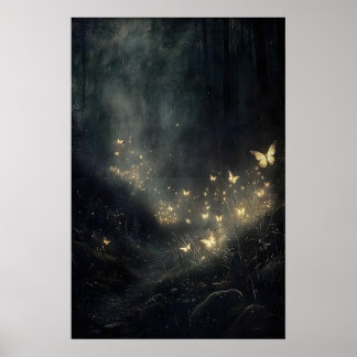 Póster Bosque temperamental con luciérnagas y mariposas d