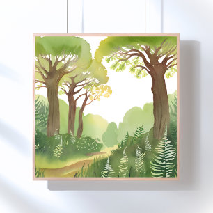 Póster Bosque Verde Árboles   Naturaleza Hermosa Acuarela