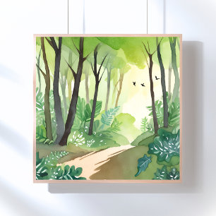 Póster Bosque Verde Floreciente Acuarela de la Naturale