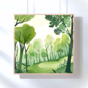 Póster Bosque Verde   Paisaje Acuarela Ligera