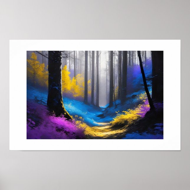 Póster Bosque vibrante místico azul morado y amarillo (Frente)