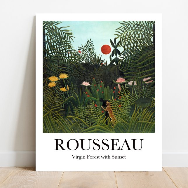 Póster Bosque virgen con puesta de sol por Henri Rousseau (Escape to Paradise: Rousseau's "Virgin Forest." Lush greenery, vibrant sunset. Museum-quality poster)