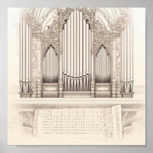 Póster Bosquejo de órgano de tubos vintage y partitura an