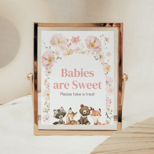 Póster Bosques de flores rosadas Animales de Woodland Los (Pink Flower Woodland Animals Baby Shower Babies are Sweet Sign)