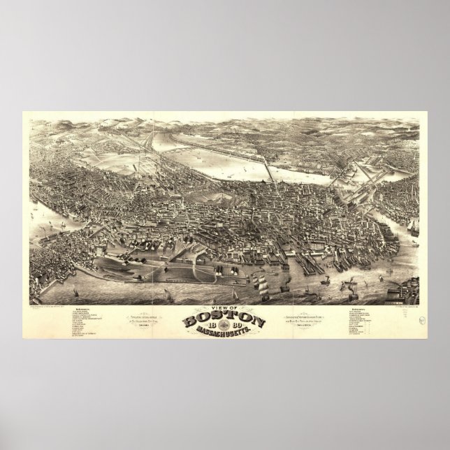 Póster Boston 1880, MAMÁES Birds View Panoramic Map (Frente)