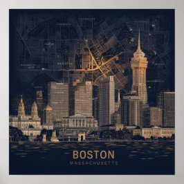 Póster Boston, Boston Massachusetts City Skyline con mapa