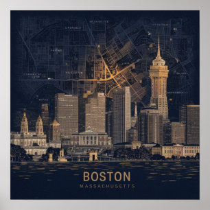 Póster Boston, Boston Massachusetts City Skyline con mapa