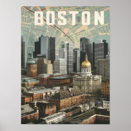 Póster Boston, Boston Massachusetts City Skyline con mapa