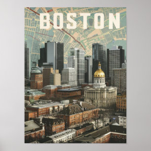 Póster Boston, Boston Massachusetts City Skyline con mapa