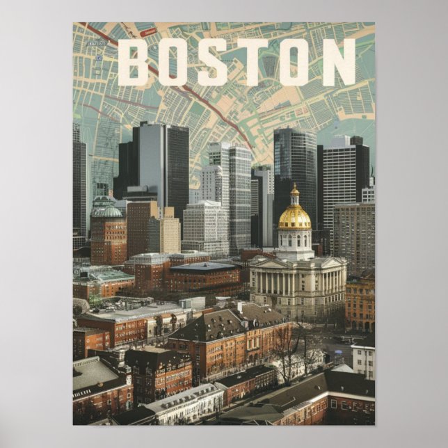 Póster Boston, Boston Massachusetts City Skyline con mapa (Frente)