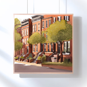 Póster Boston Brownstones   Beacon Street Acuarela