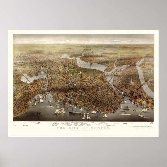 Póster Boston, MA Panoramic Map - 1873 (Frente)
