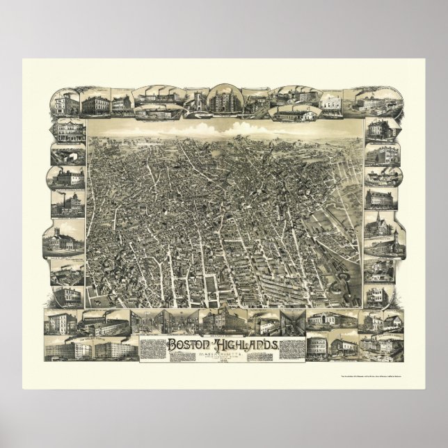Póster Boston, MAMÁES Mapa Panorámico - 1888 (Frente)