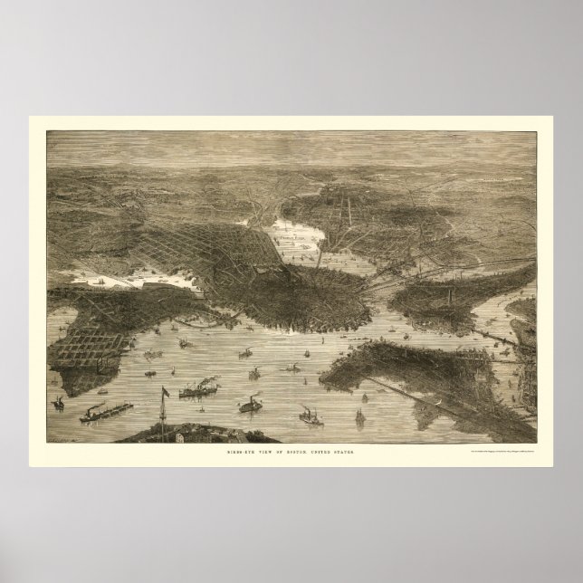 Póster Boston, MAMÁES Mapa Panorámico - Años 1870 (Frente)