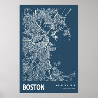 Póster Boston Massachusetts City Map Line Art Blue Print