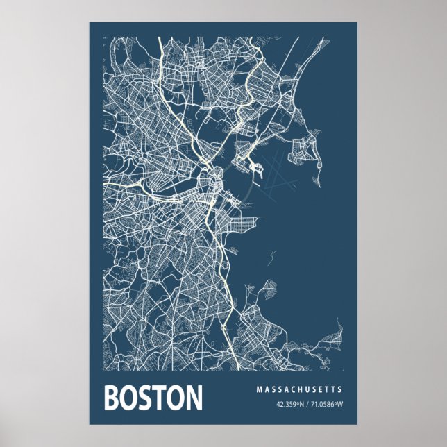 Póster Boston Massachusetts City Map Line Art Blue Print (Frente)