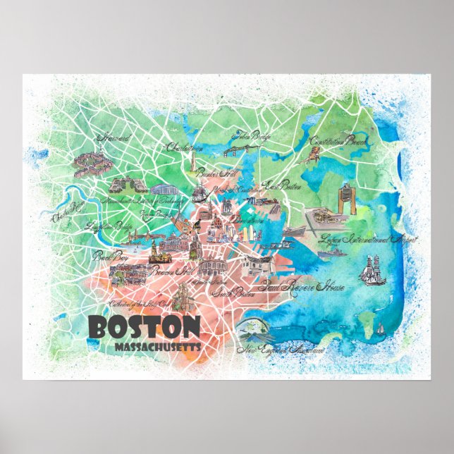 Póster Boston Massachusetts USA Map Poster con carreteras (Frente)