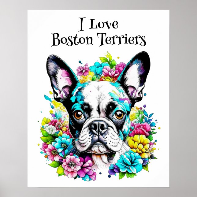 Póster Boston Terrier and Flowers (Frente)