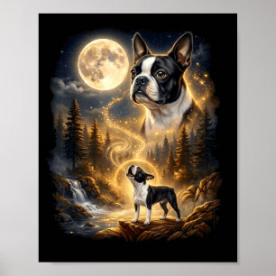 Póster Boston terrier aullando a la luna retro 