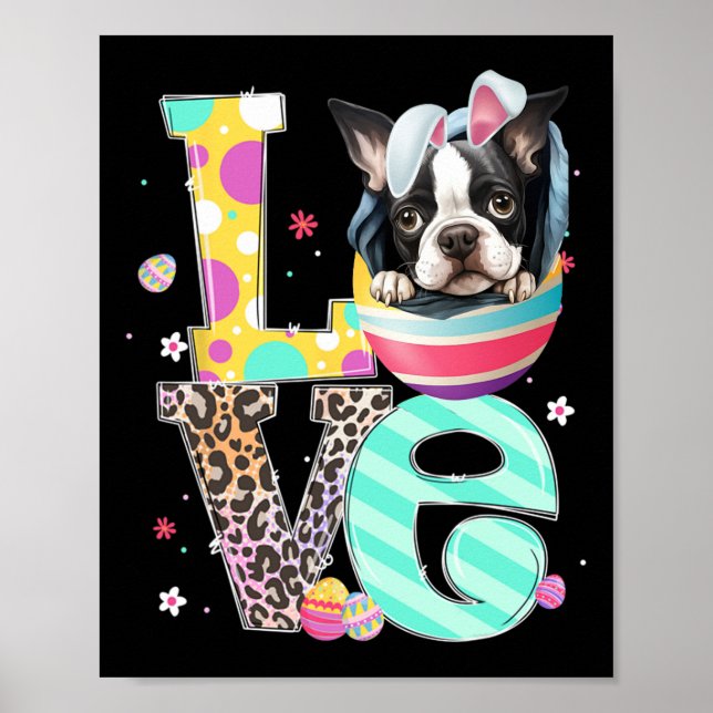 Póster Boston Terrier Bunny Face Dog Animal Lover Easter (Frente)