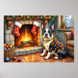 Póster Boston Terrier Chimenea con Luces de Navidad