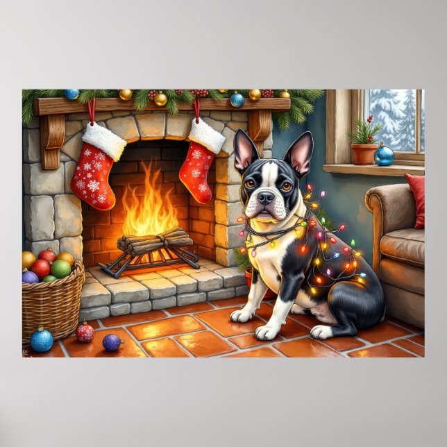 Póster Boston Terrier Chimenea con Luces de Navidad (Frente)