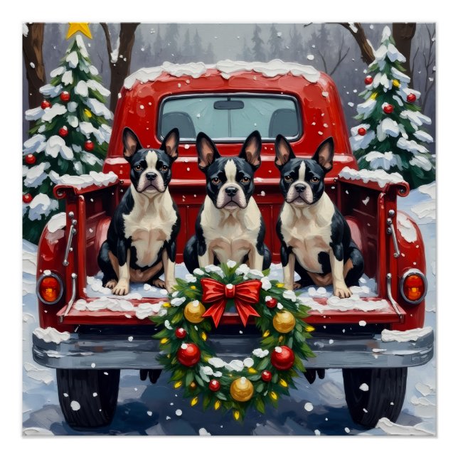 Póster Boston Terrier Christmas Red Truck Holiday (Anverso)