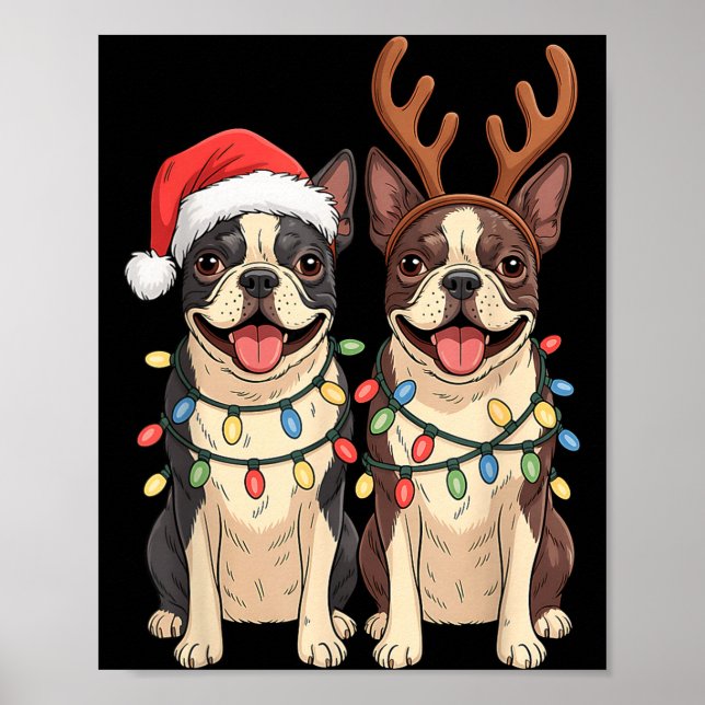Póster Boston Terrier Christmas Santa Hat Reindeer Lights (Frente)