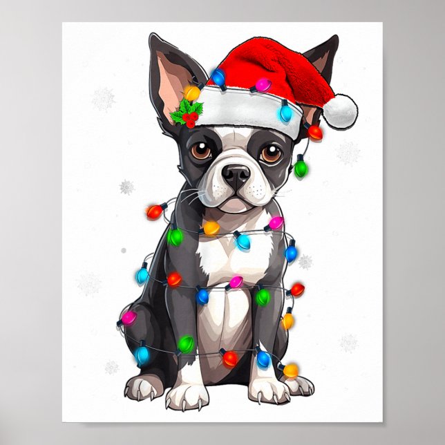 Póster Boston Terrier Christmas Santa Hat Tree Lights Paj (Frente)