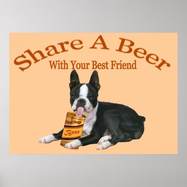 Póster Boston Terrier Comparte Una Cerveza (Frente)