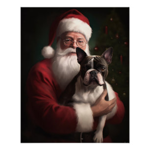 Póster Boston Terrier con Santa Claus Festivo de Navidad