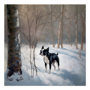 Póster Boston Terrier Deja que nieve Navidad