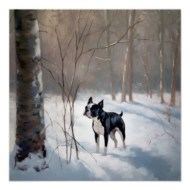 Póster Boston Terrier Deja que nieve Navidad (Anverso)