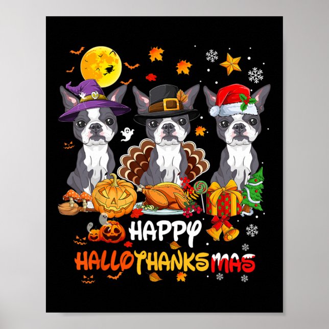 Póster Boston Terrier Dog Happy Halloween Acción de Graci (Frente)