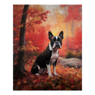 Póster Boston Terrier en otoño inspira caída de hojas
