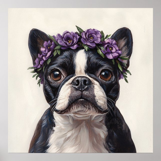 Póster Boston Terrier en una corona de flores moradas (Frente)