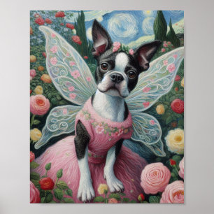 Póster Bostón Terrier Fairy en un jardín de flores