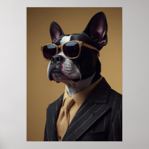 Póster Boston Terrier in Pinstripe Suit and Sunglasses