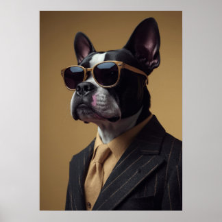 Póster Boston Terrier in Pinstripe Suit and Sunglasses