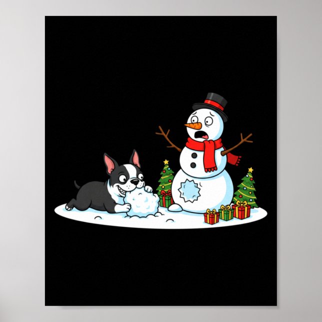 Póster Boston Terrier Snowman Christmas Tree Xmas Womens  (Frente)