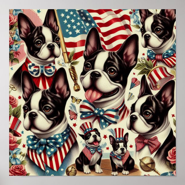 Póster Boston Terrier Vintage Seamless Ilustracion (Frente)