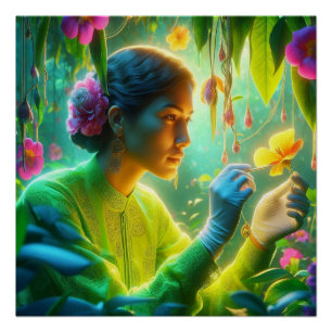 Póster Botánica Femenina Haciendo Su Trabajo en un Jardín